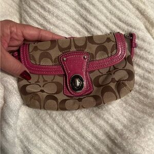 Coach Fuchsia and Tan Monogram Wristlet